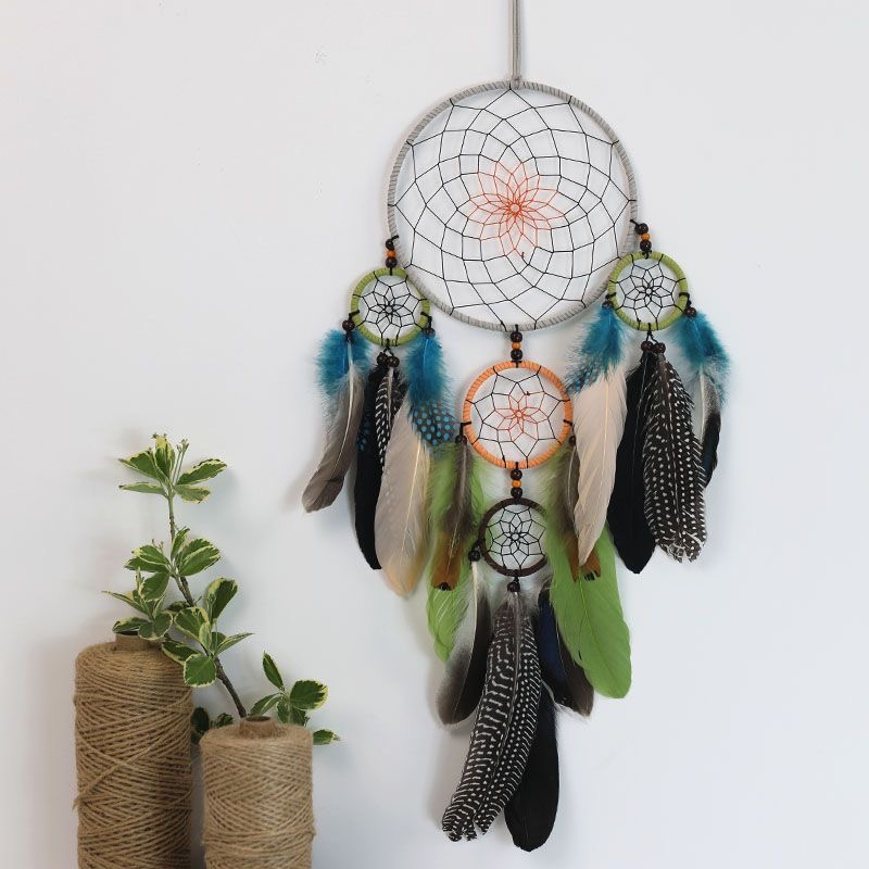 Home Textiles & Decorations - เครื่องประดับติดผนังดรีมแคชเชอร์ขนนกวงกลมหลายชั้นสไตล์วินเทจ งานถักมือจากเชือกป่าน สำหรับตกแต่งผนังบ้าน